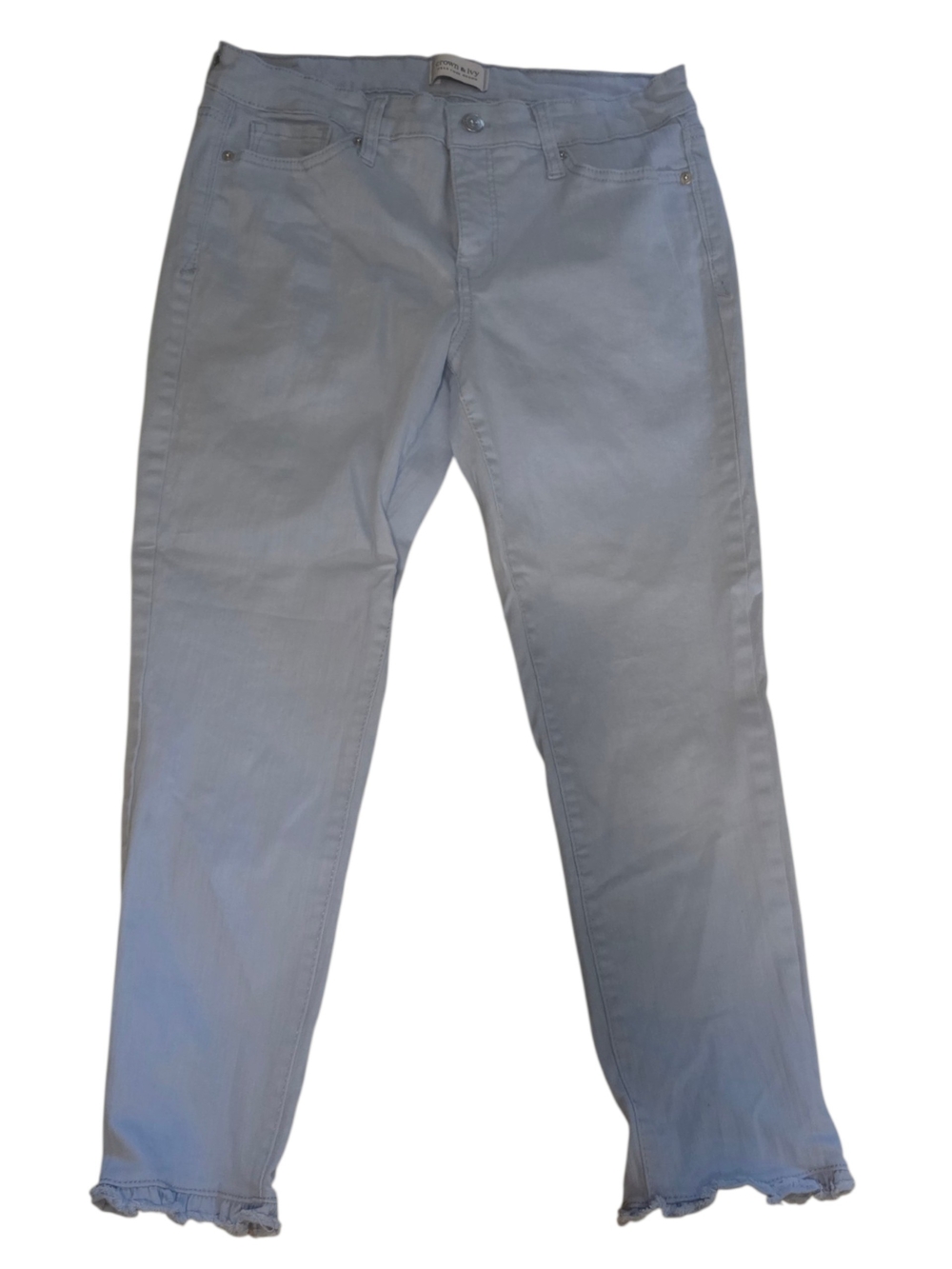 crown & ivy Light Blue Women's Capris with Ruffle Hem